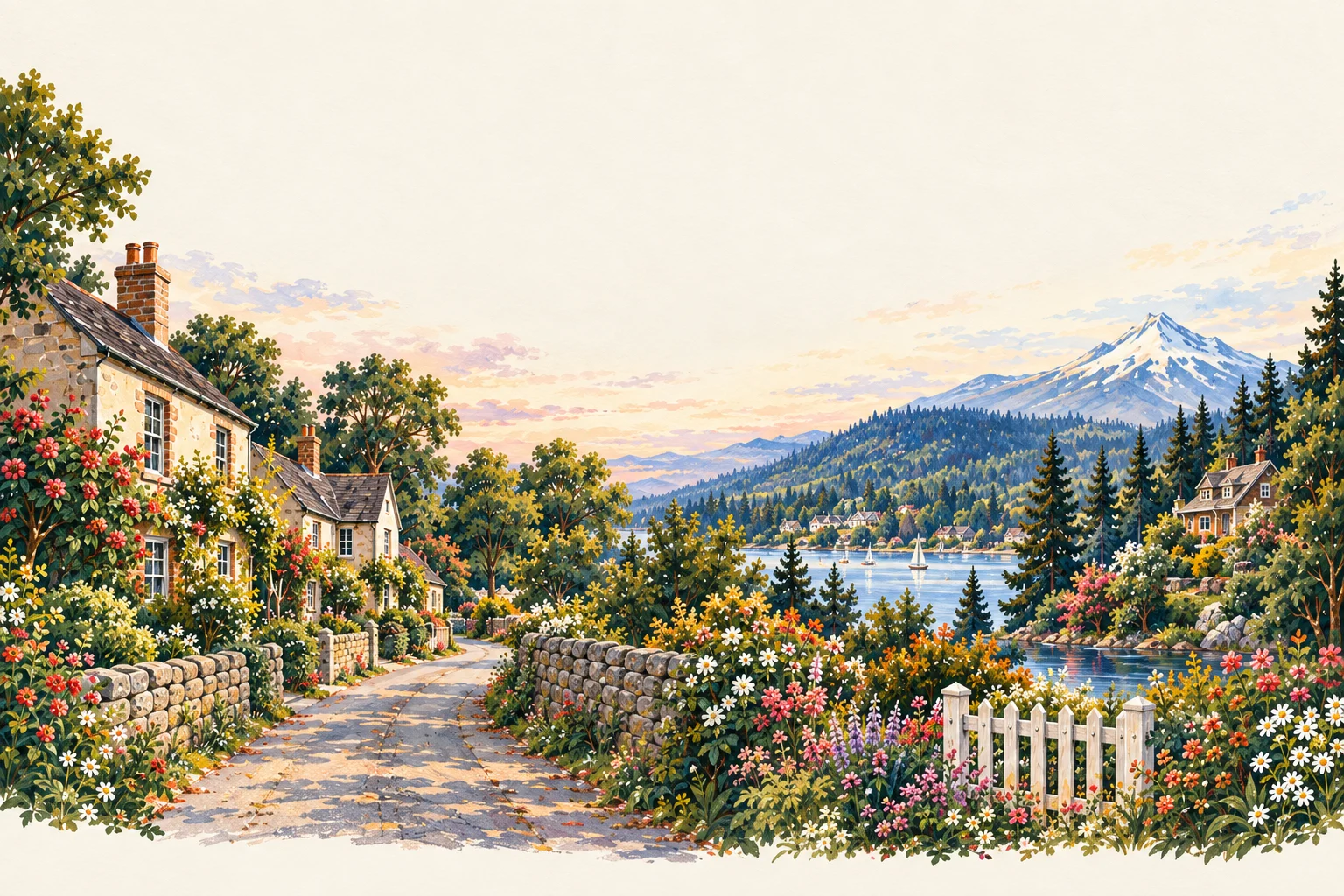 A painted Hampshire cottage lane joins a Pacific Northwest landscape of gardens, a lake, and forested hills.