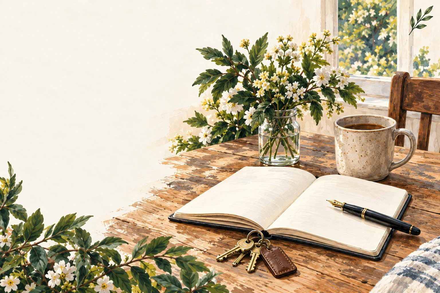 An open blank notebook, pen, keys, flowers, and a mug on a sunlit kitchen table.