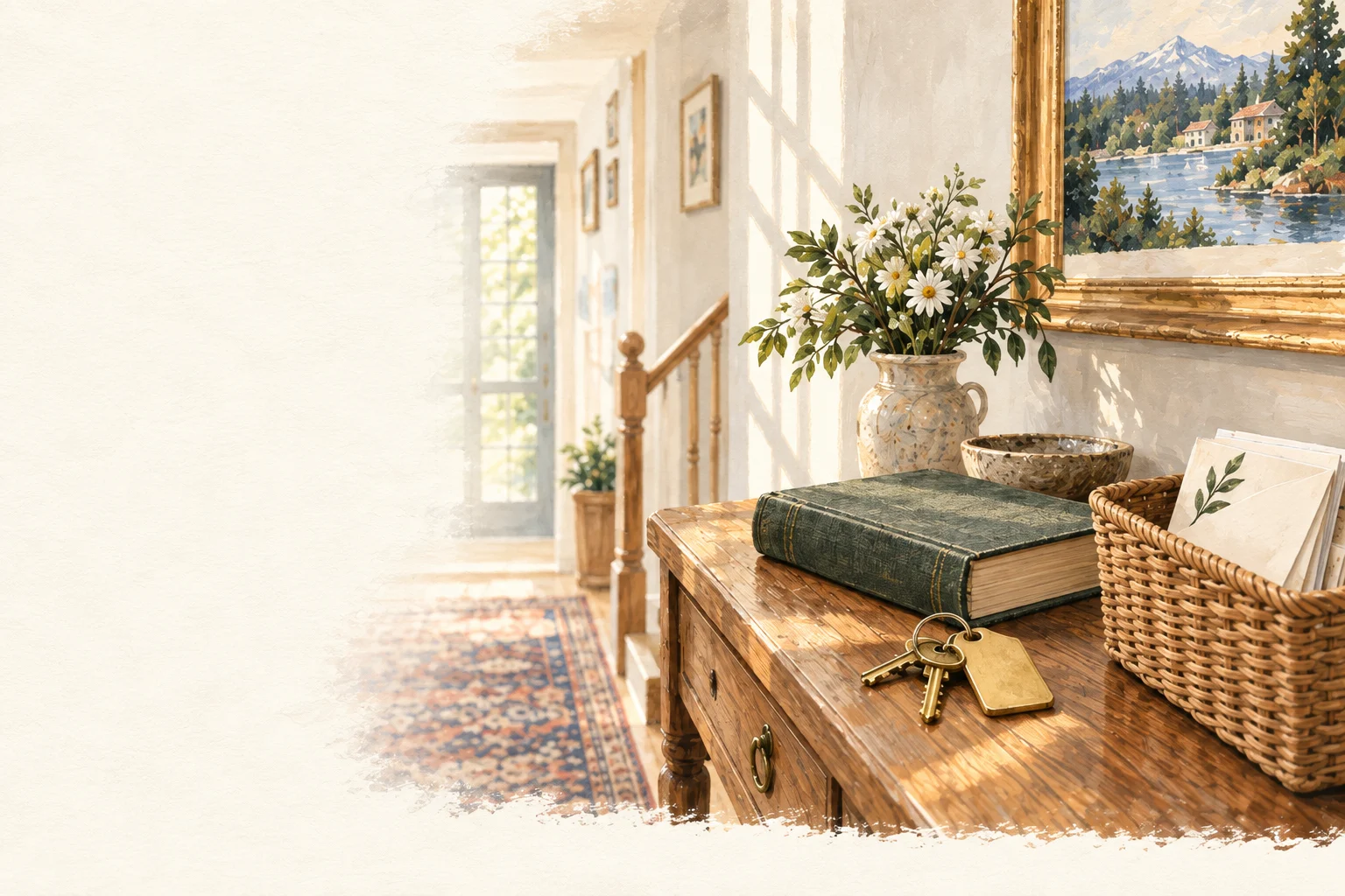 Brass keys, a clothbound ledger, and a basket of letters on an oak hallway console.