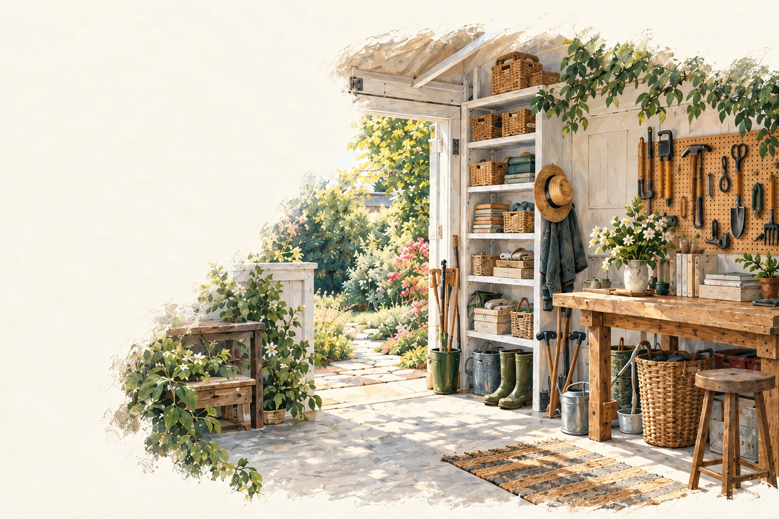Painted cottage workroom with organized shelves, baskets, garden tools, and a sunlit doorway.