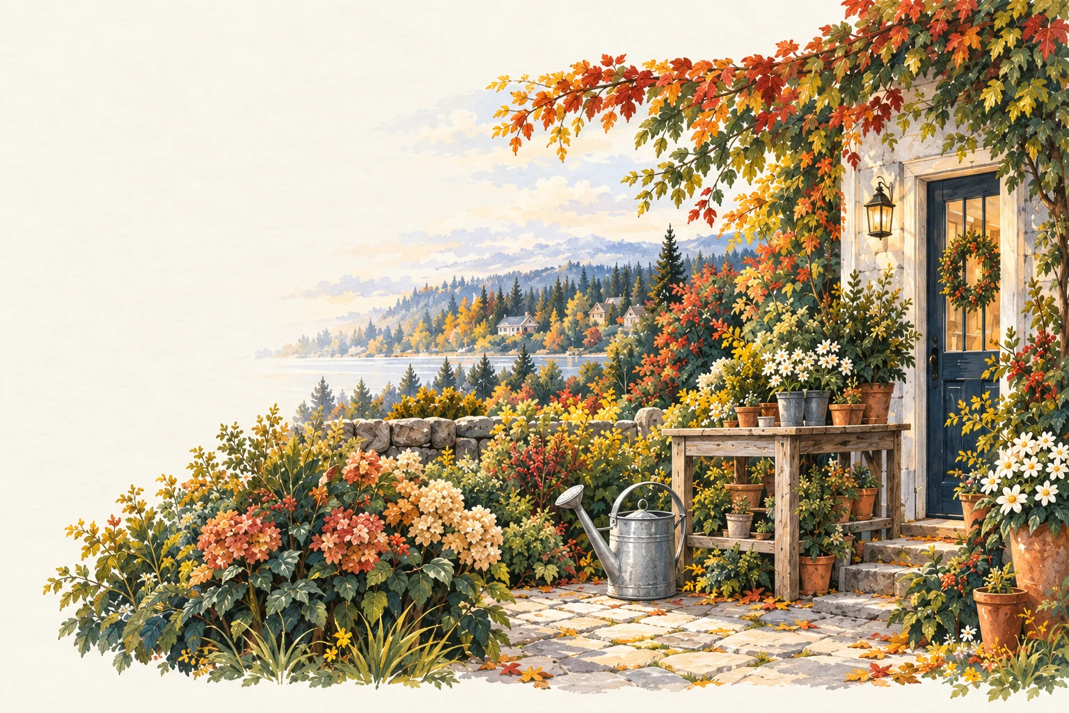 An autumn cottage garden with a potting bench, watering can, and welcoming navy doorway.
