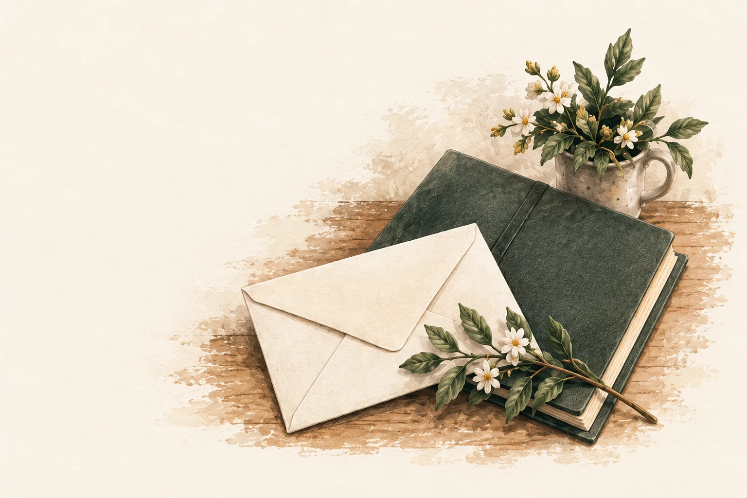 A closed envelope, unlettered notebook, and botanical sprig painted on warm paper.
