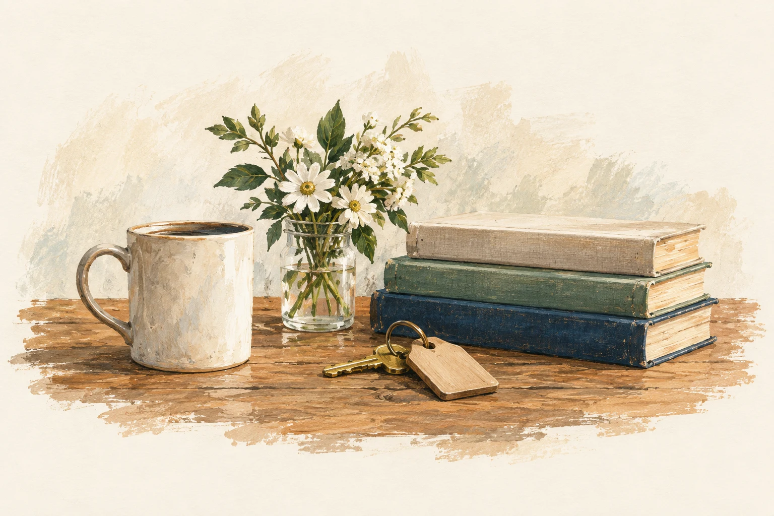 Painted still life of a mug, garden flowers, books, and a house key.