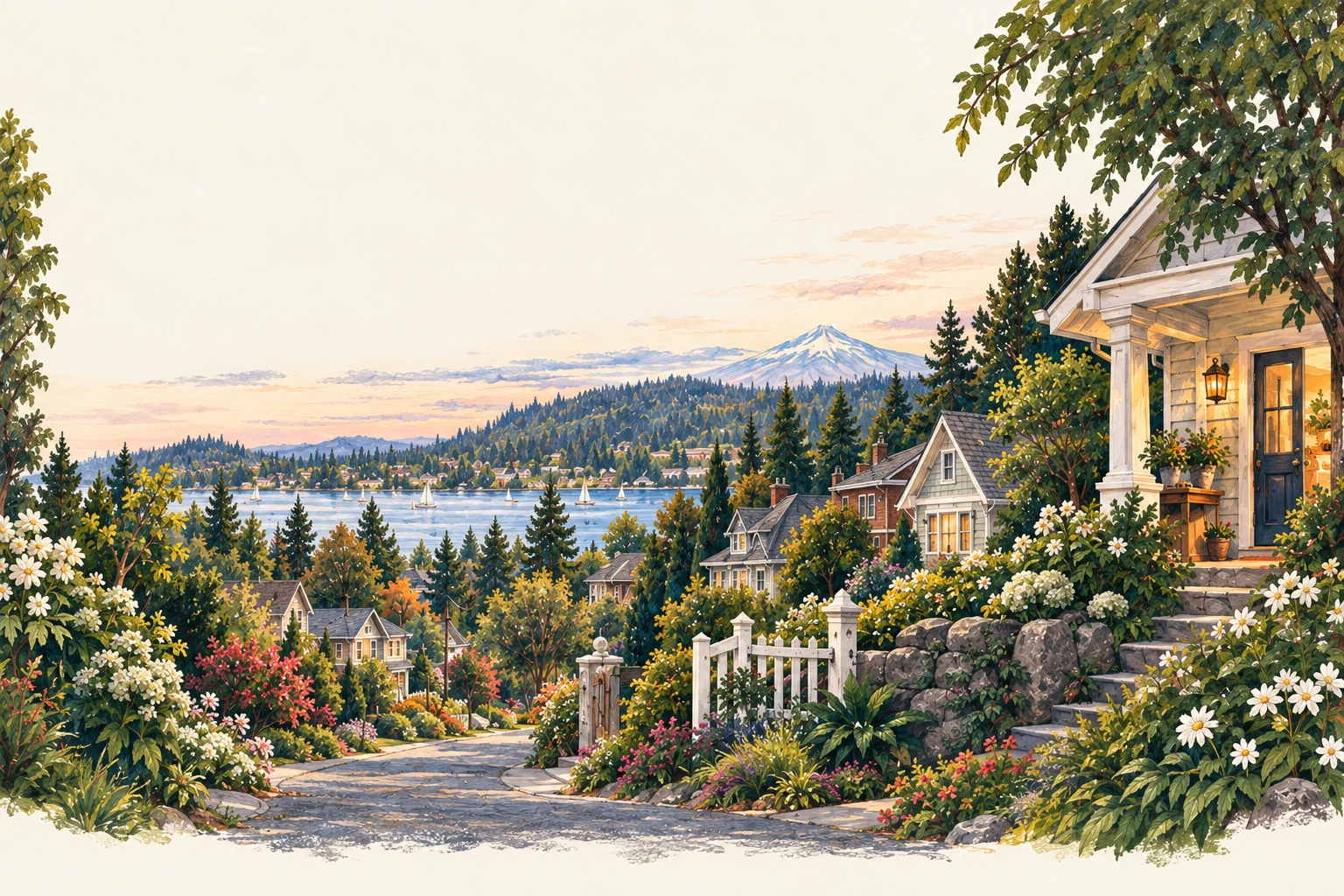 A painted neighbourhood of cottages, flowering gardens, and welcoming porches above a lake and forested hills.